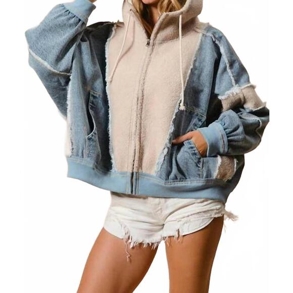 NEW BIBI sherpa zip up hoodie jacket in washed denim - Picture 3 of 3